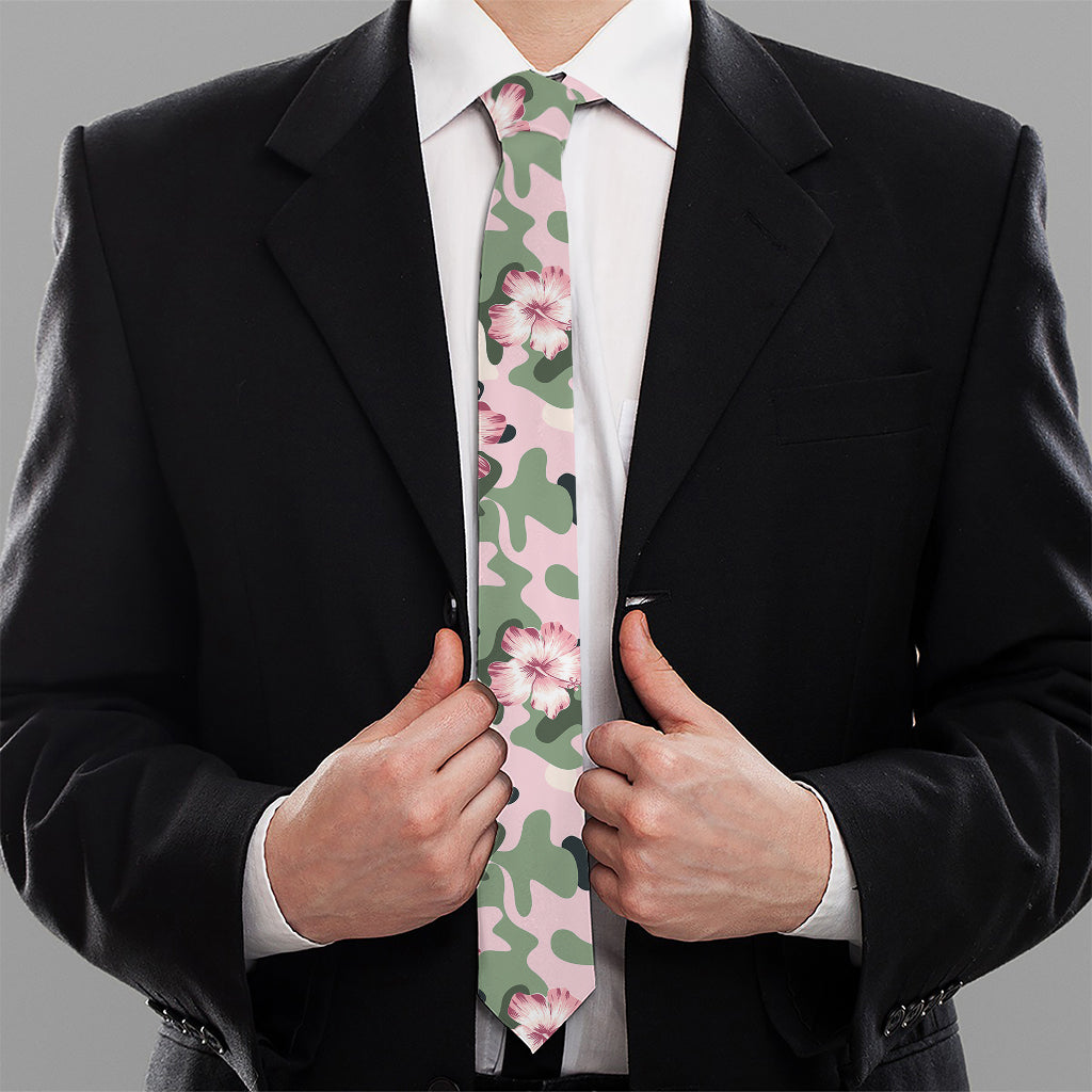 Pink Hibiscus Flower Camouflage Print Necktie
