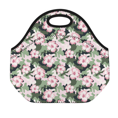 Pink Hibiscus Flower Camouflage Print Neoprene Lunch Bag