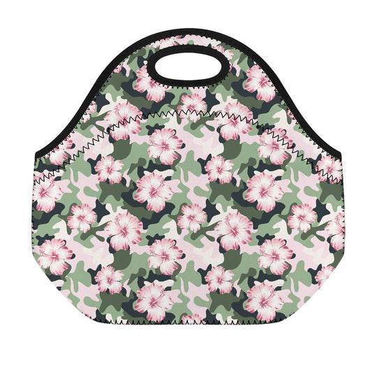 Pink Hibiscus Flower Camouflage Print Neoprene Lunch Bag