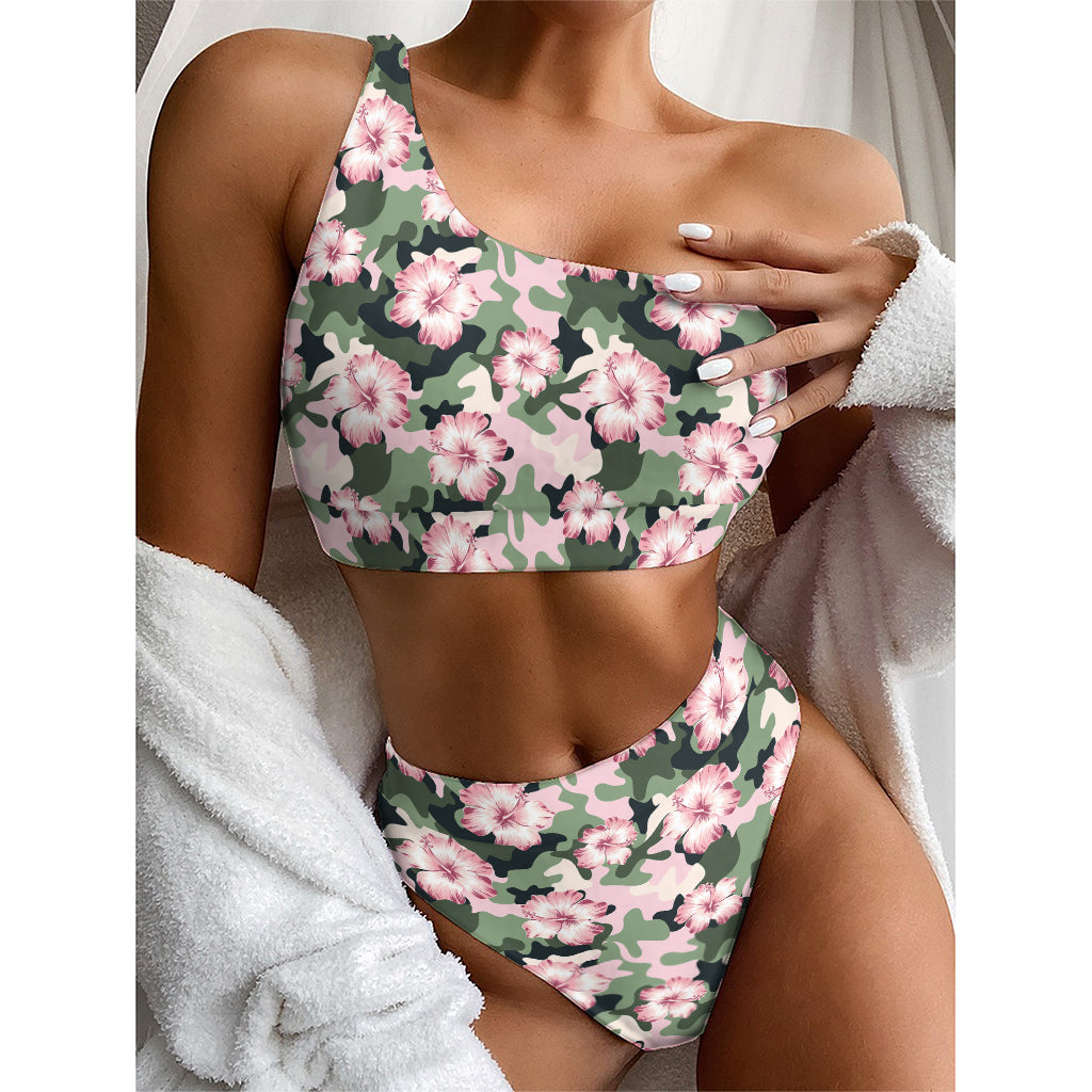 Pink Hibiscus Flower Camouflage Print One Shoulder Bikini Top