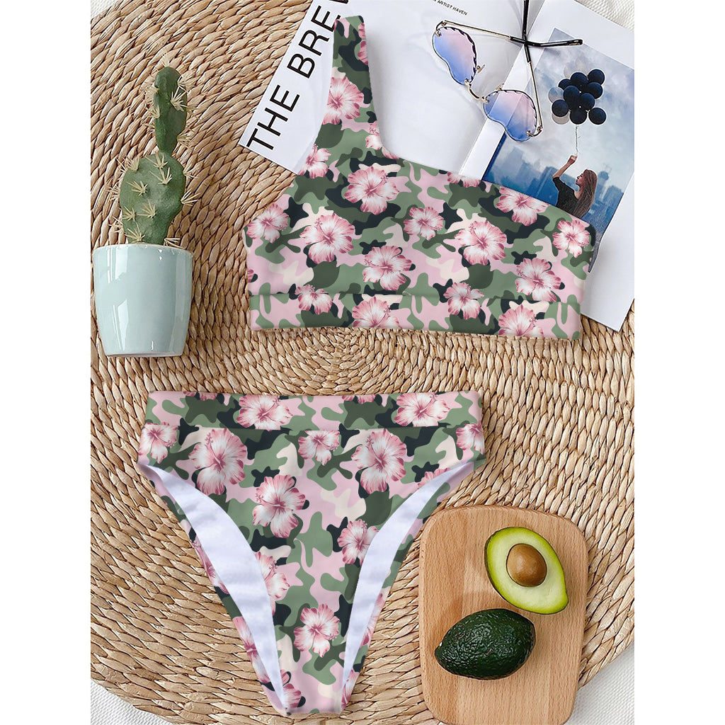 Pink Hibiscus Flower Camouflage Print One Shoulder Bikini Top
