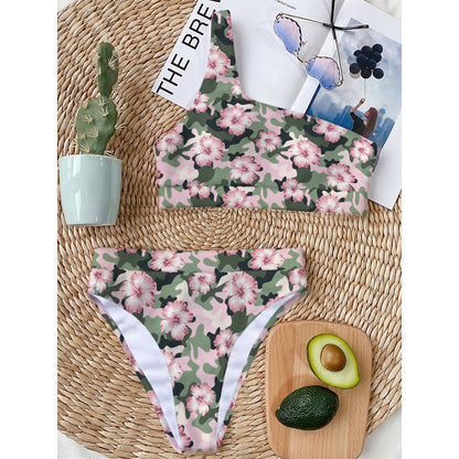 Pink Hibiscus Flower Camouflage Print One Shoulder Bikini Top