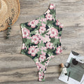 Pink Hibiscus Flower Camouflage Print One Shoulder Bodysuit