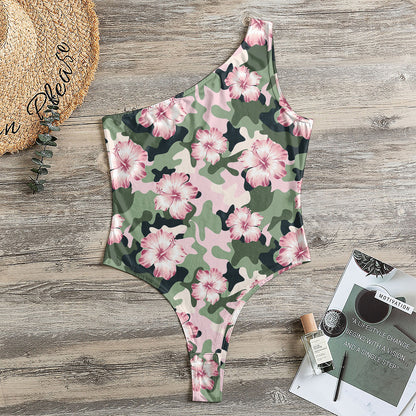 Pink Hibiscus Flower Camouflage Print One Shoulder Bodysuit