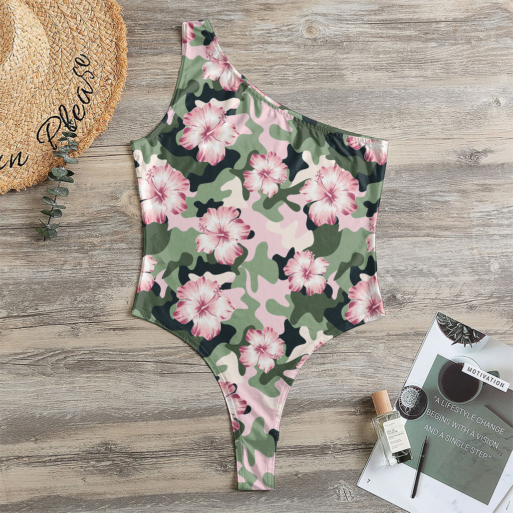 Pink Hibiscus Flower Camouflage Print One Shoulder Bodysuit