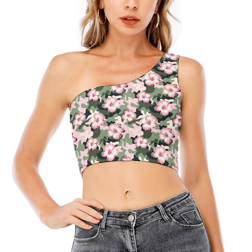 Pink Hibiscus Flower Camouflage Print One Shoulder Crop Top