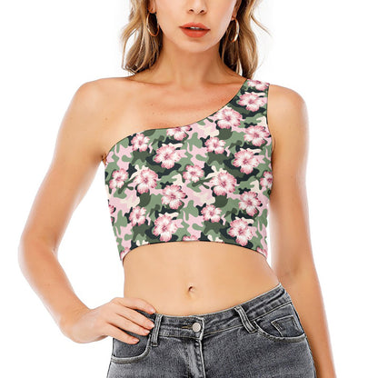 Pink Hibiscus Flower Camouflage Print One Shoulder Crop Top