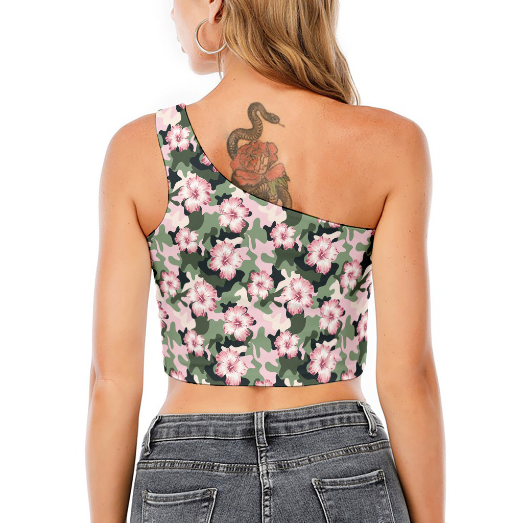 Pink Hibiscus Flower Camouflage Print One Shoulder Crop Top