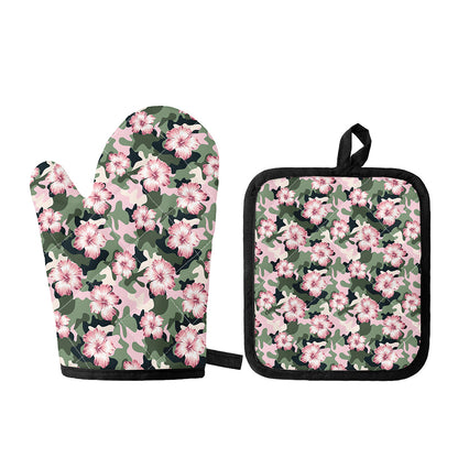 Pink Hibiscus Flower Camouflage Print Oven Mitt And Pot Holder Set