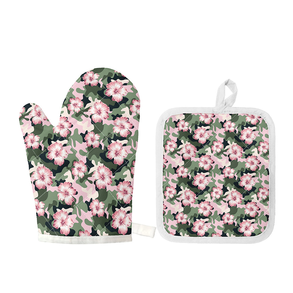 Pink Hibiscus Flower Camouflage Print Oven Mitt And Pot Holder Set