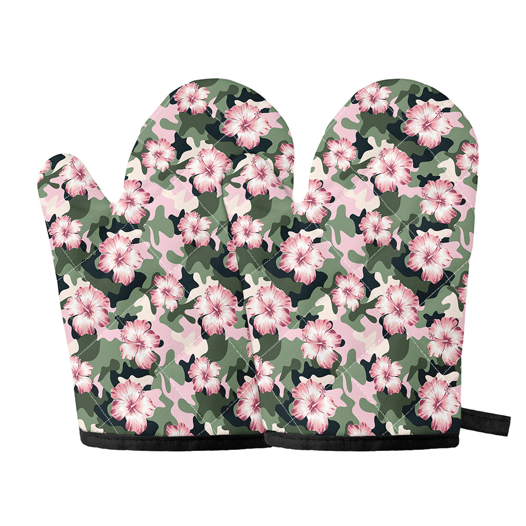 Pink Hibiscus Flower Camouflage Print Oven Mitts