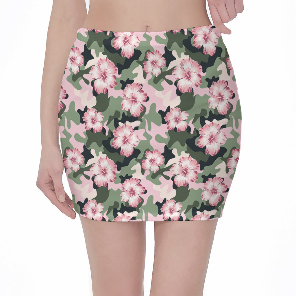 Pink Hibiscus Flower Camouflage Print Pencil Mini Skirt