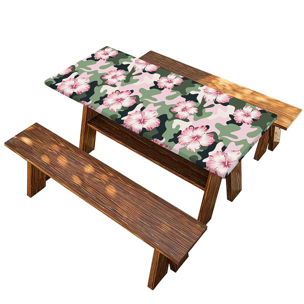 Pink Hibiscus Flower Camouflage Print Picnic Table Cover
