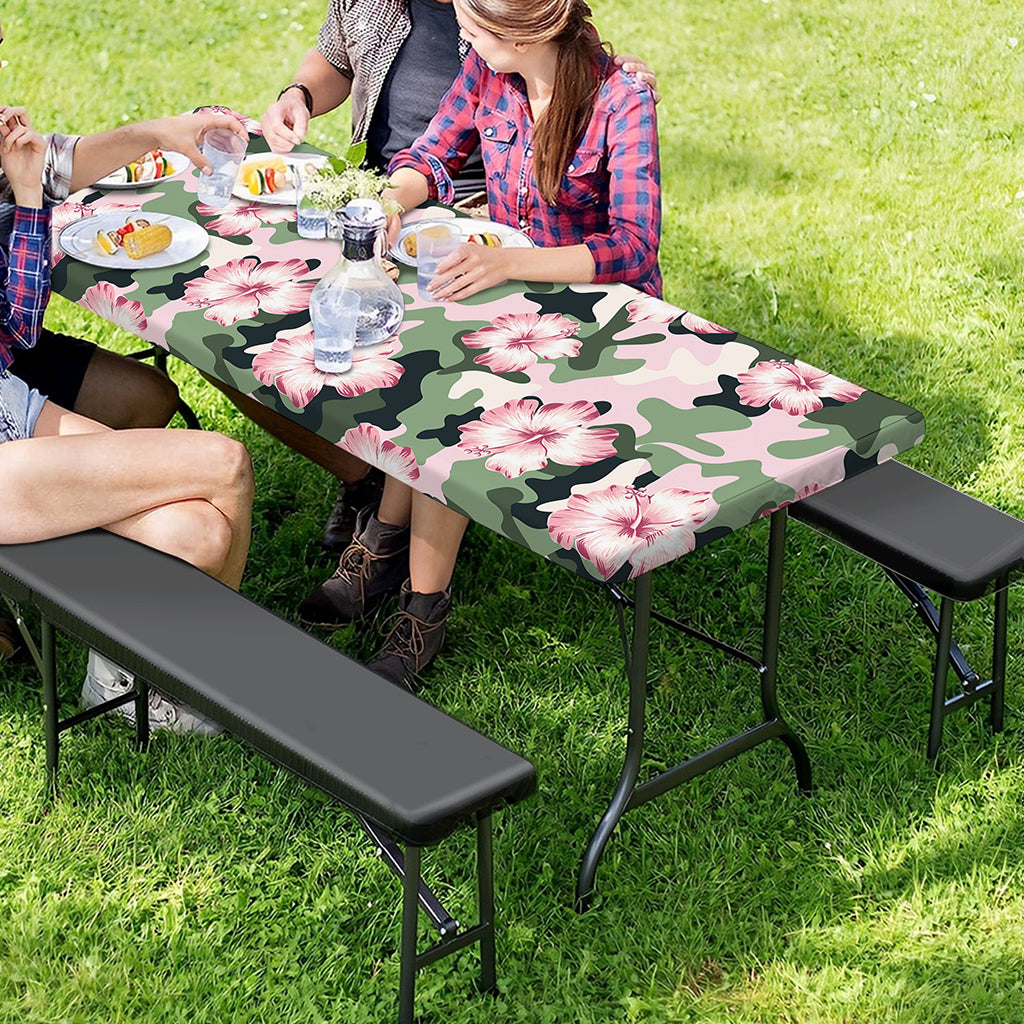 Pink Hibiscus Flower Camouflage Print Picnic Table Cover