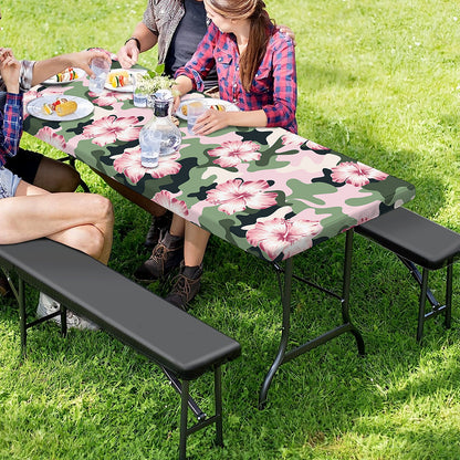 Pink Hibiscus Flower Camouflage Print Picnic Table Cover