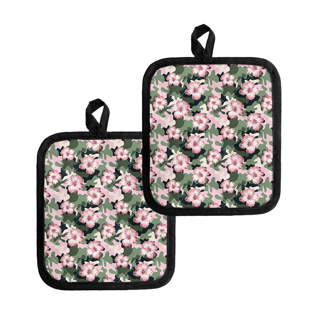 Pink Hibiscus Flower Camouflage Print Pot Holders
