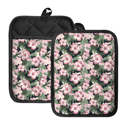 Pink Hibiscus Flower Camouflage Print Pot Holders With Pocket