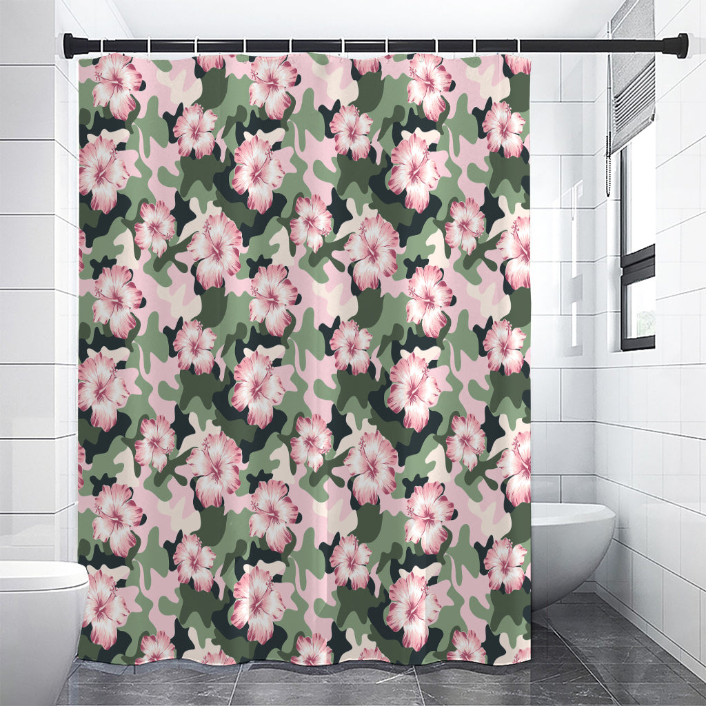 Pink Hibiscus Flower Camouflage Print Premium Shower Curtain