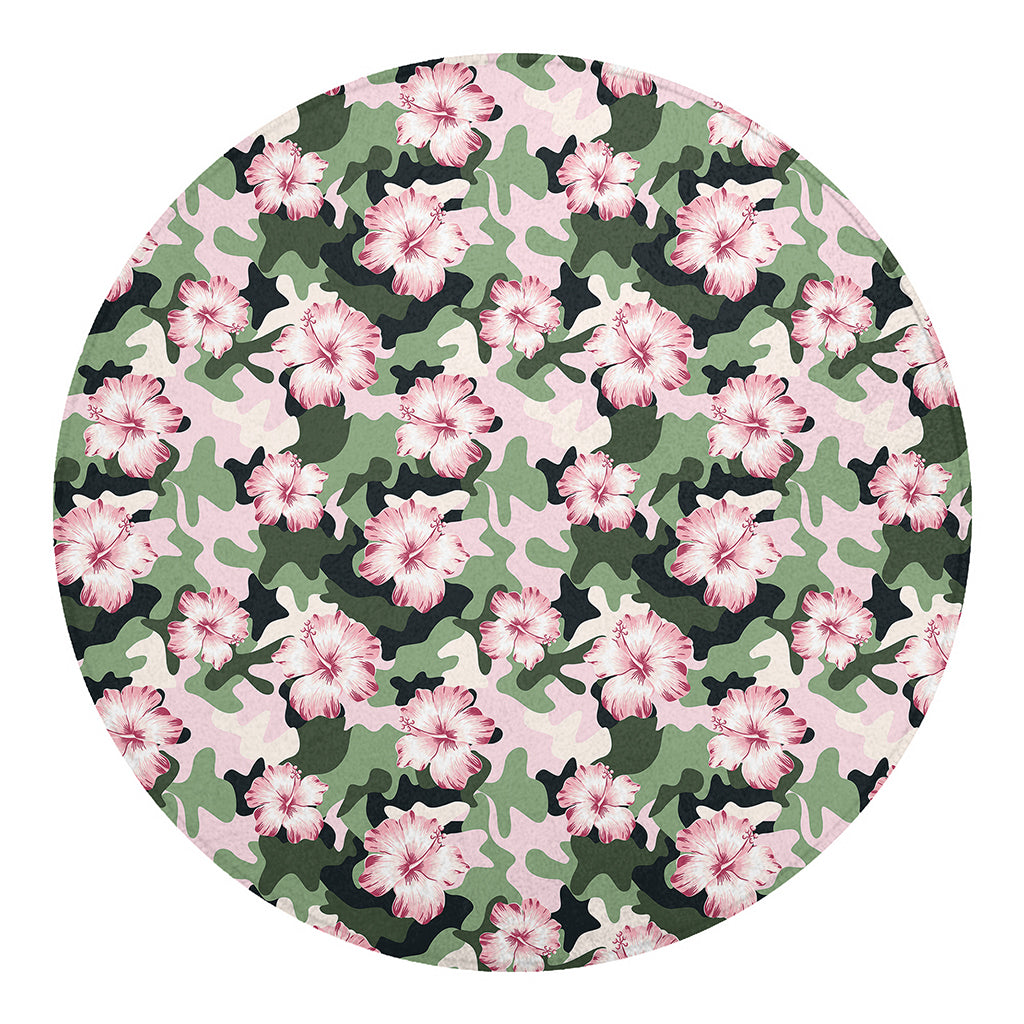 Pink Hibiscus Flower Camouflage Print Round Blanket