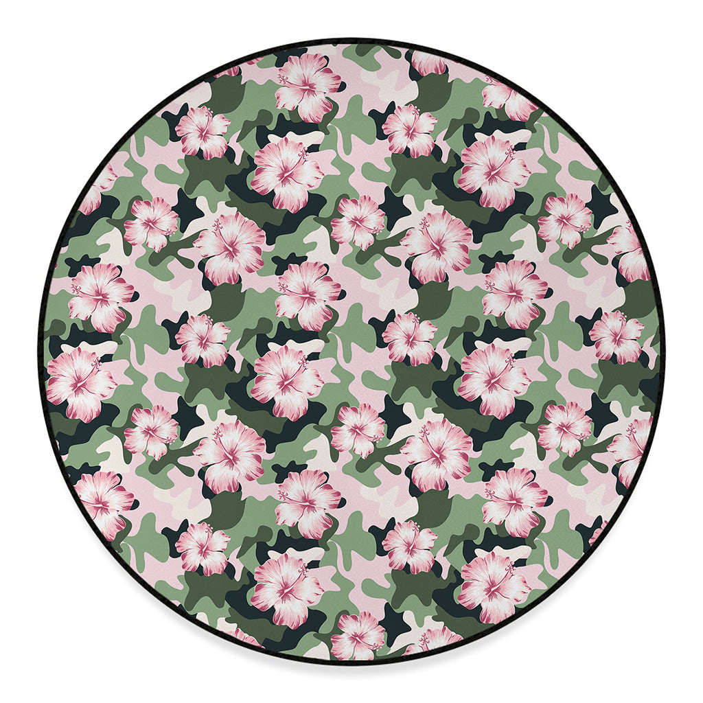 Pink Hibiscus Flower Camouflage Print Round Floor Mat