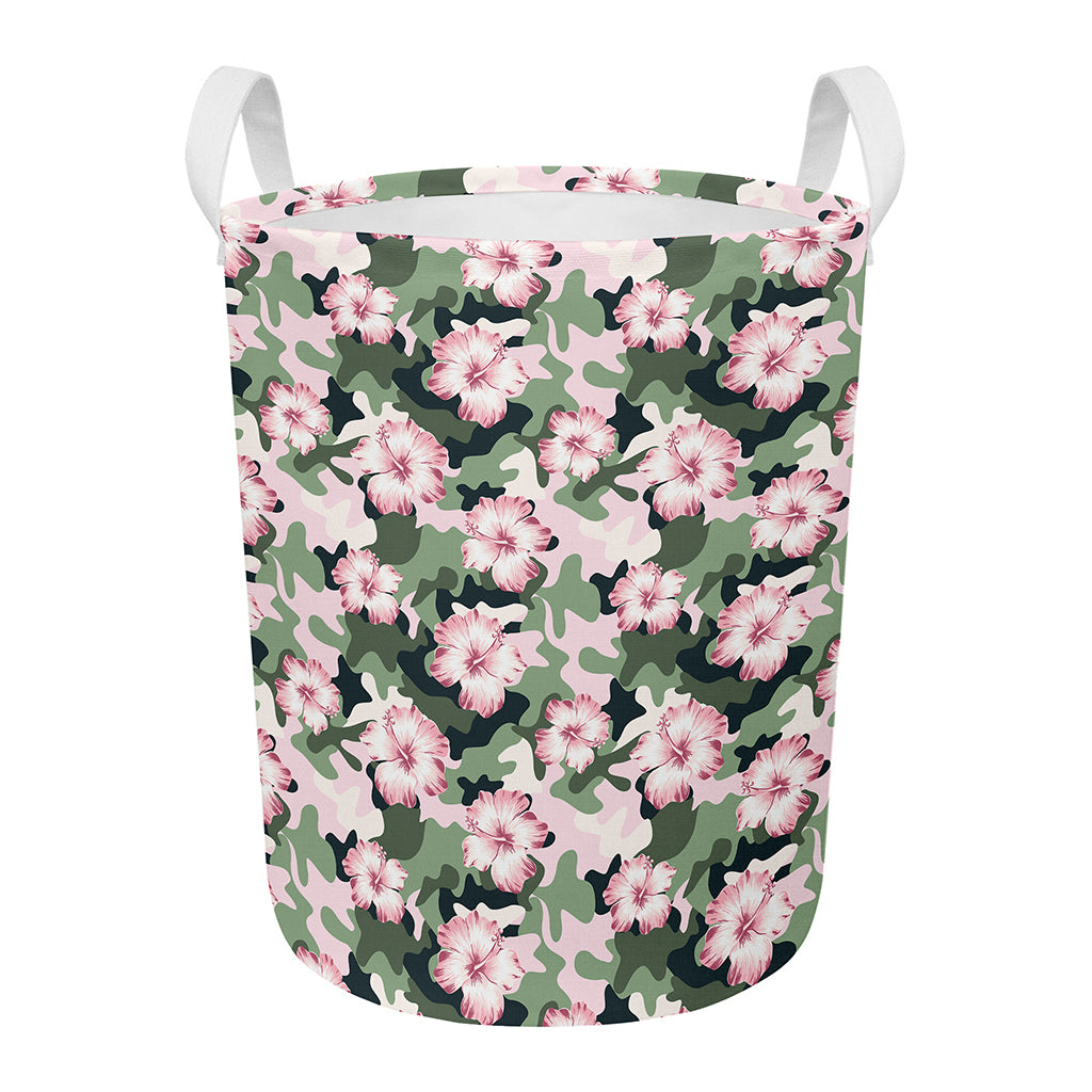 Pink Hibiscus Flower Camouflage Print Round Laundry Basket