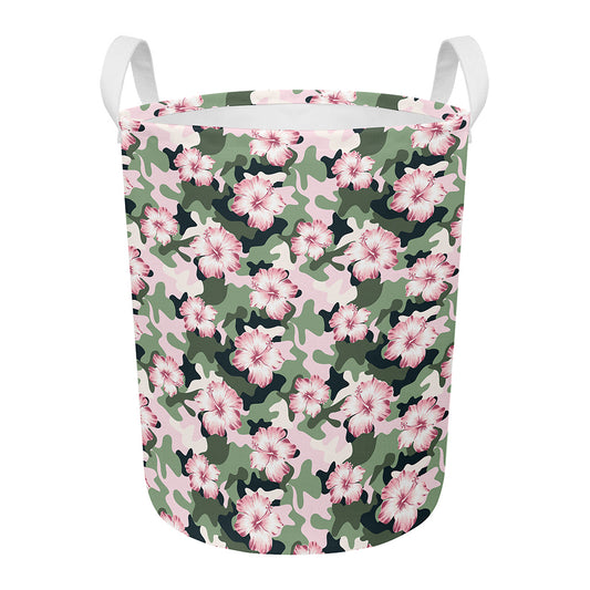 Pink Hibiscus Flower Camouflage Print Round Laundry Basket