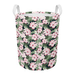 Pink Hibiscus Flower Camouflage Print Round Laundry Basket