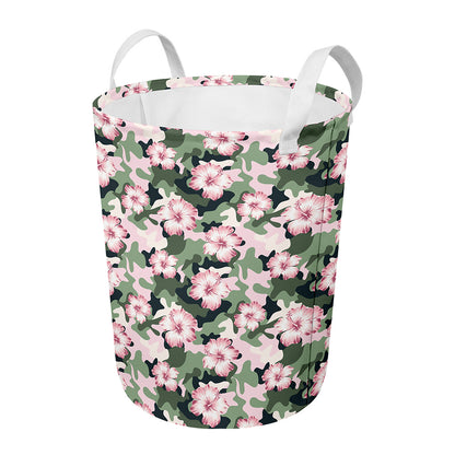 Pink Hibiscus Flower Camouflage Print Round Laundry Basket