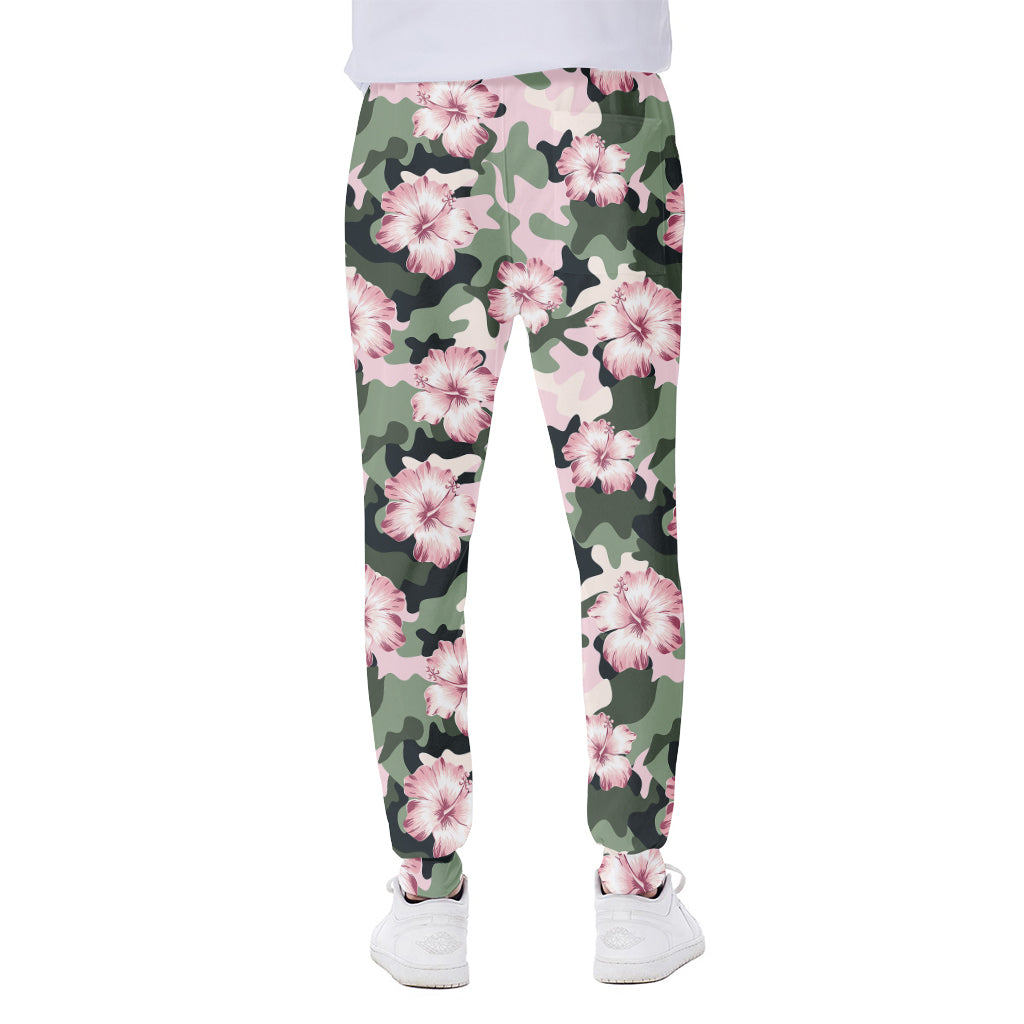 Pink Hibiscus Flower Camouflage Print Scuba Joggers