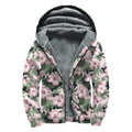 Pink Hibiscus Flower Camouflage Print Sherpa Lined Zip Up Hoodie