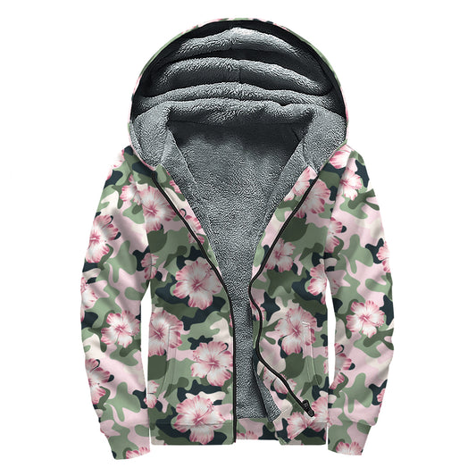 Pink Hibiscus Flower Camouflage Print Sherpa Lined Zip Up Hoodie