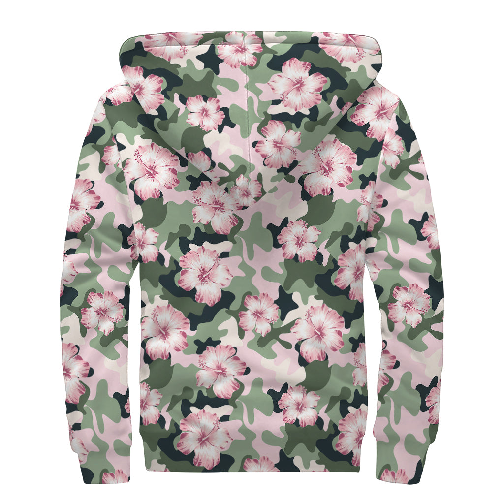 Pink Hibiscus Flower Camouflage Print Sherpa Lined Zip Up Hoodie