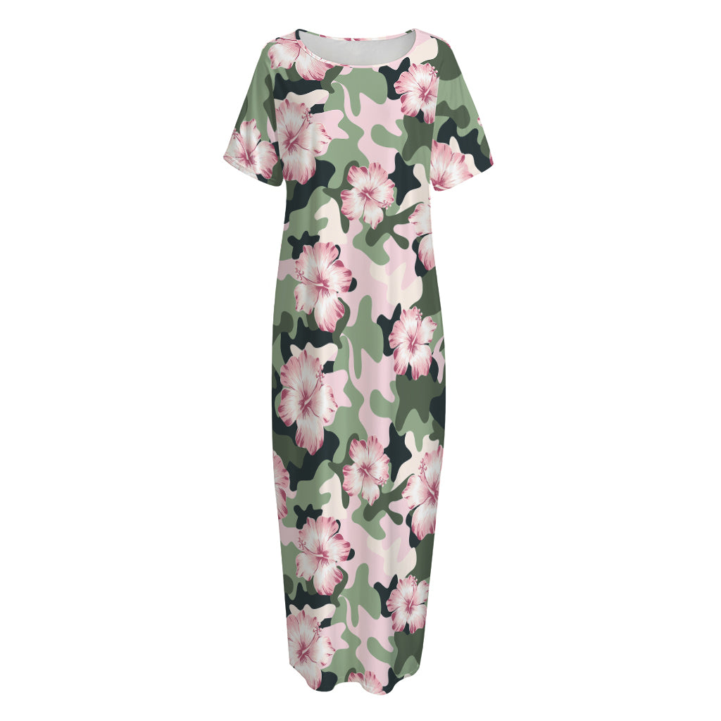 Pink Hibiscus Flower Camouflage Print Short Sleeve Long Nightdress