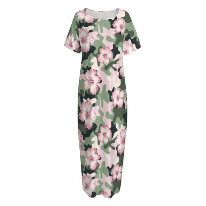 Pink Hibiscus Flower Camouflage Print Short Sleeve Long Nightdress