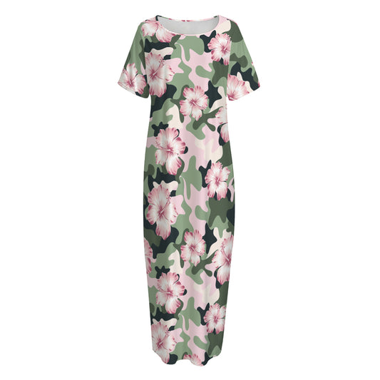 Pink Hibiscus Flower Camouflage Print Short Sleeve Long Nightdress