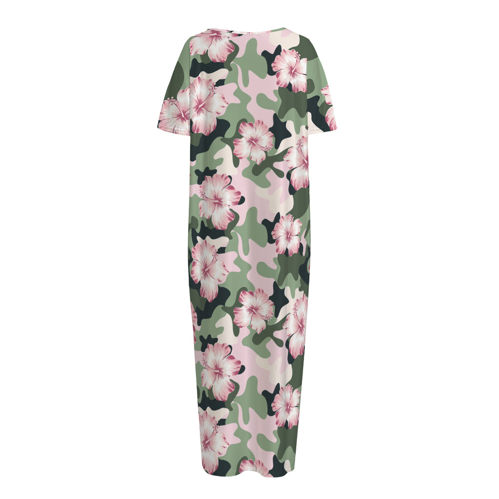 Pink Hibiscus Flower Camouflage Print Short Sleeve Long Nightdress