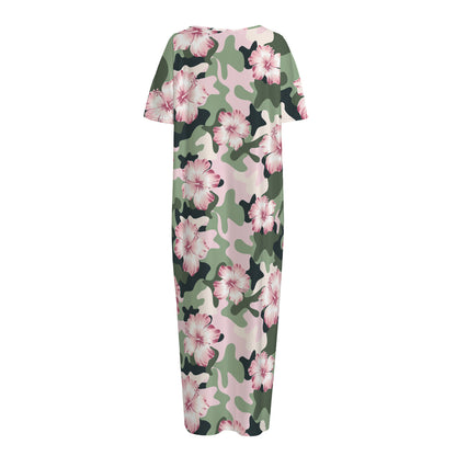 Pink Hibiscus Flower Camouflage Print Short Sleeve Long Nightdress