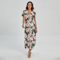 Pink Hibiscus Flower Camouflage Print Short Sleeve Maxi Dress