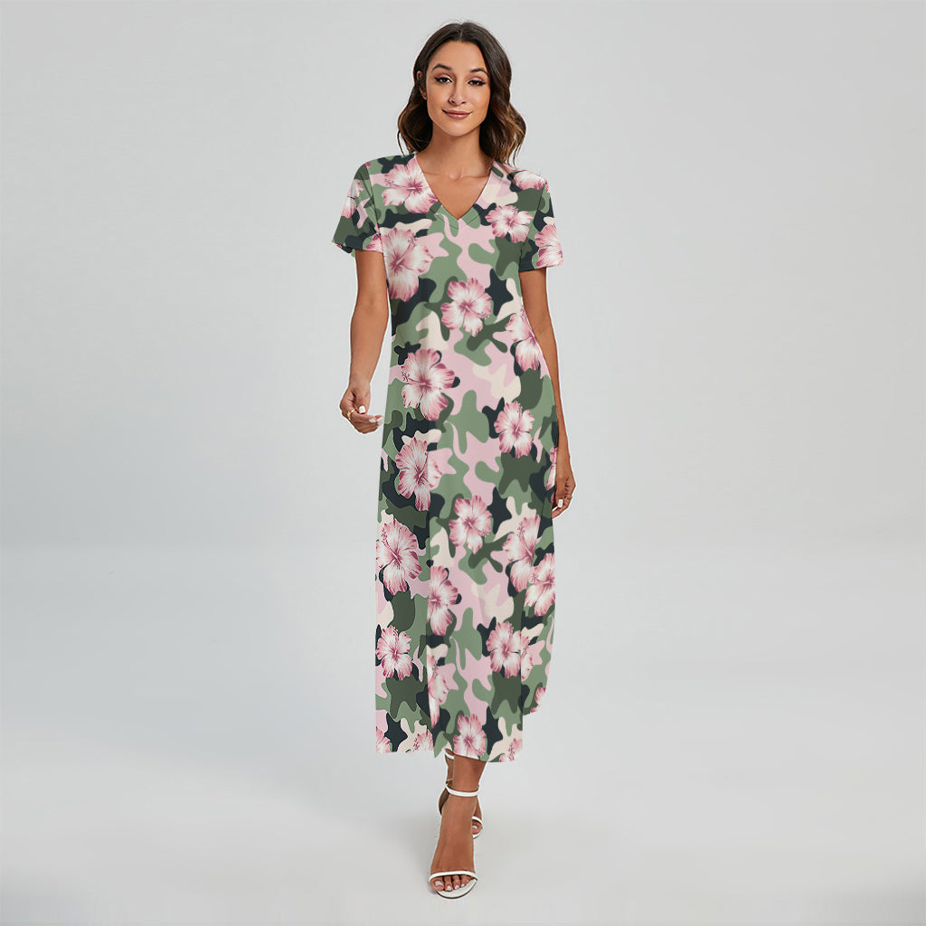 Pink Hibiscus Flower Camouflage Print Short Sleeve Maxi Dress