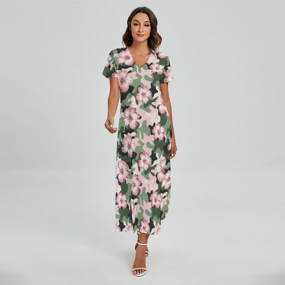 Pink Hibiscus Flower Camouflage Print Short Sleeve Maxi Dress