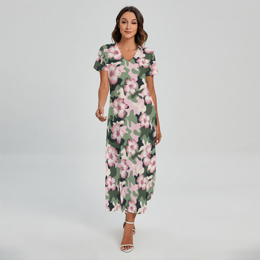 Pink Hibiscus Flower Camouflage Print Short Sleeve Maxi Dress