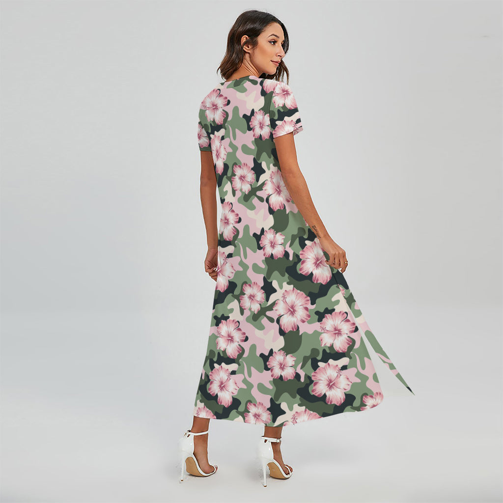 Pink Hibiscus Flower Camouflage Print Short Sleeve Maxi Dress