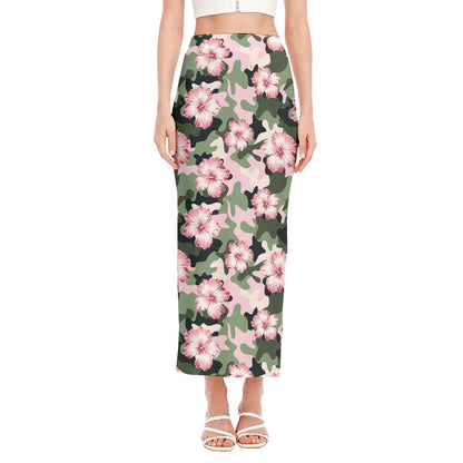 Pink Hibiscus Flower Camouflage Print Side Slit Maxi Skirt