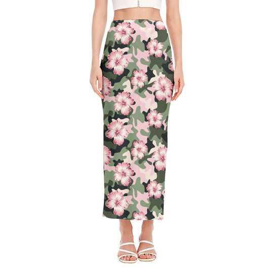 Pink Hibiscus Flower Camouflage Print Side Slit Maxi Skirt