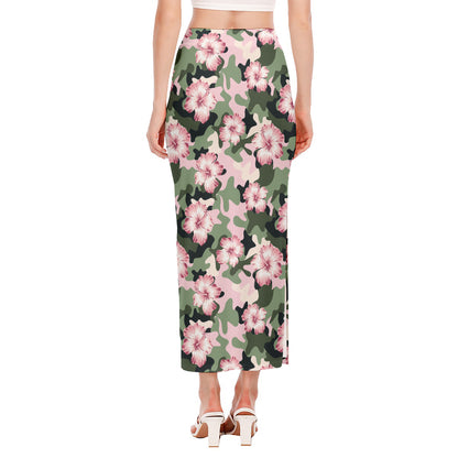 Pink Hibiscus Flower Camouflage Print Side Slit Maxi Skirt