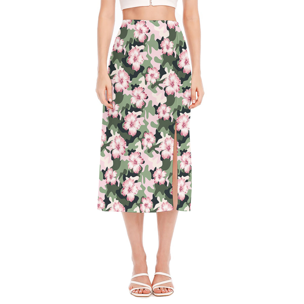 Pink Hibiscus Flower Camouflage Print Side Slit Midi Skirt