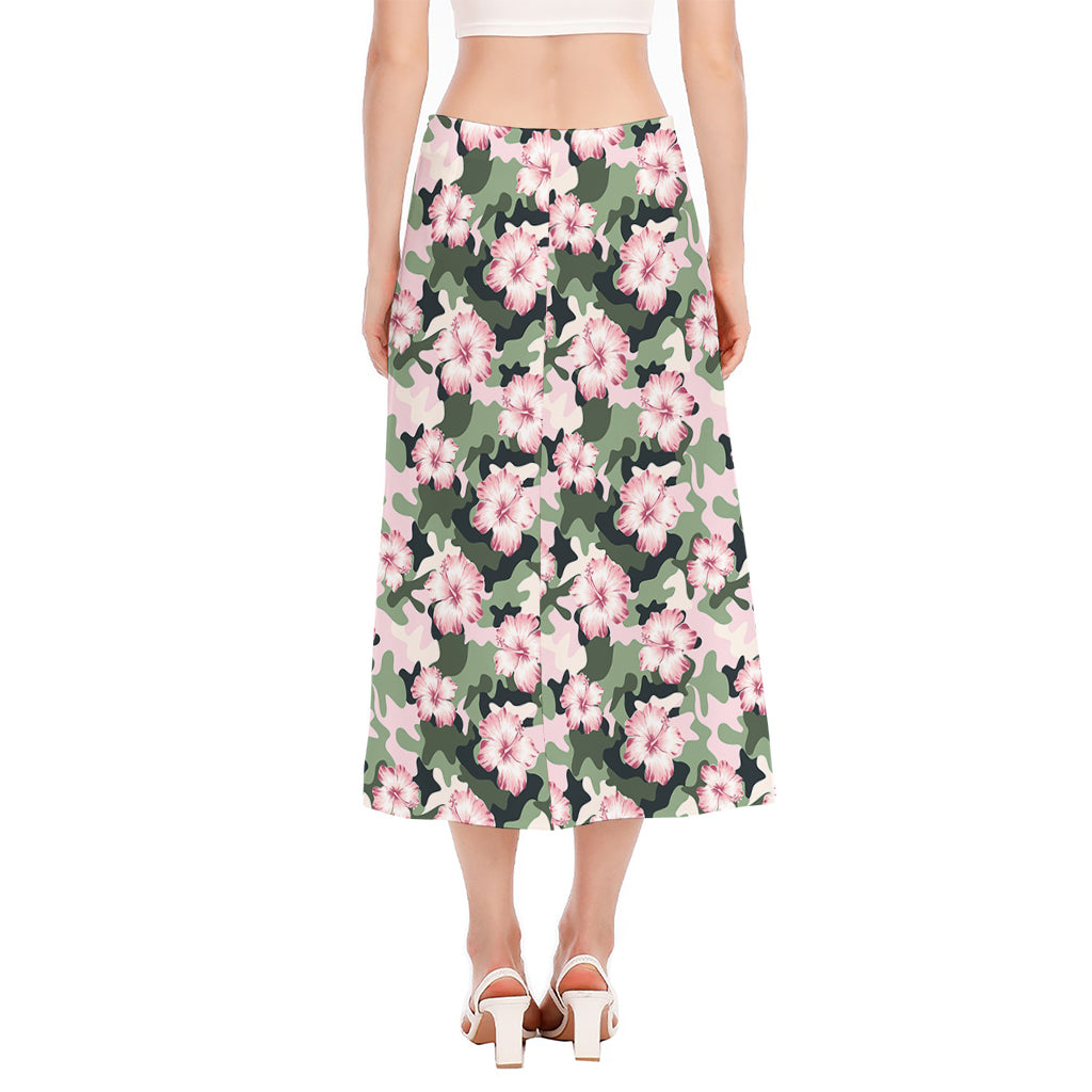 Pink Hibiscus Flower Camouflage Print Side Slit Midi Skirt