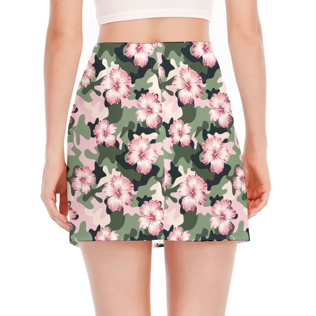 Pink Hibiscus Flower Camouflage Print Side Slit Mini Skirt