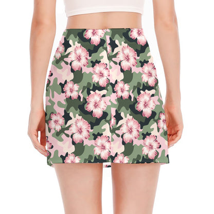 Pink Hibiscus Flower Camouflage Print Side Slit Mini Skirt