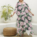 Pink Hibiscus Flower Camouflage Print Silk V-Neck Kaftan Dress